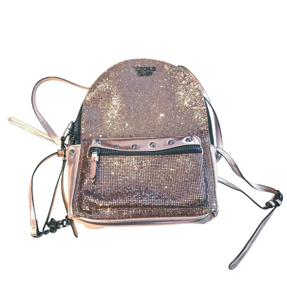 Victoria's Secret Metallic Bling Chain Mini Backpack Sexy Rose Gold Stud Bag